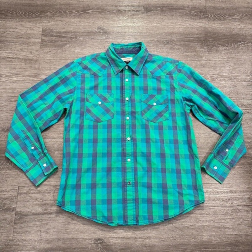 Anchor Blue Shirt Mens Large Blue Plaid Button‎ Up Longe Sleeve Western Cowboy